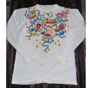 Vintage 1990 M Paw Prints Foodie Graphic Long Sleeve Tee White Large